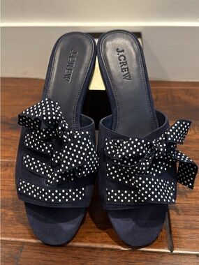 J.Crew NIB Polka Dot Bow Mini Wedge Sandal Navy Sz 7.5